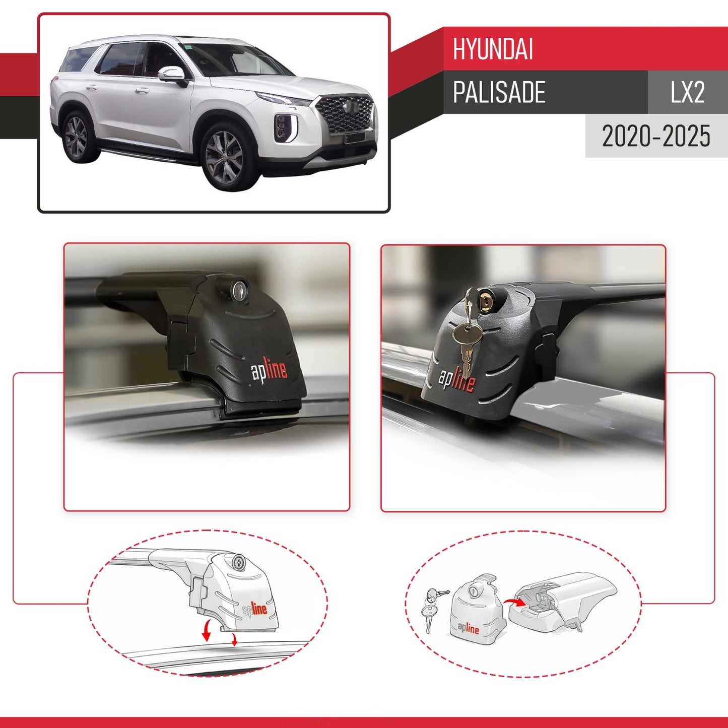 Compatible con Hyundai Palisade (LX2) 2020-2025 ACE-2 Barras de Techo Auto Portaequipajes Barras Transversales Negro Aluminio 2 Barras