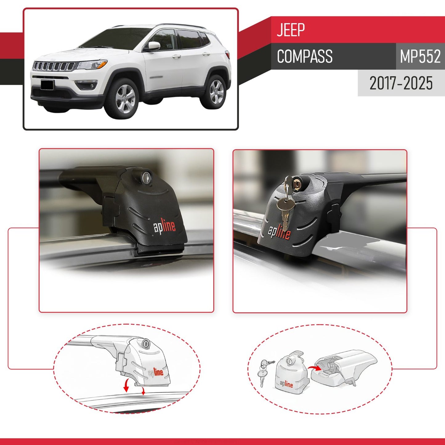Compatible con Jeep Compass 2017-2025 ACE-2 Barras de Techo Auto Portaequipajes Barras Transversales Negro Aluminio 2 Barras