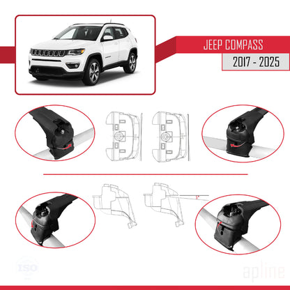 Compatible avec Jeep Compass 2017-2025 ACE-2 Barres de Toit Railing Porte-Bagages de Voiture Noir Aluminium 2 Barres