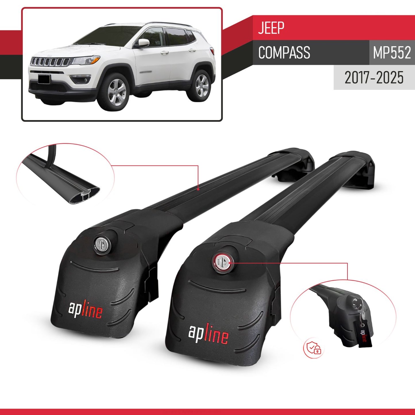 Compatible con Jeep Compass 2017-2025 ACE-2 Barras de Techo Auto Portaequipajes Barras Transversales Negro Aluminio 2 Barras