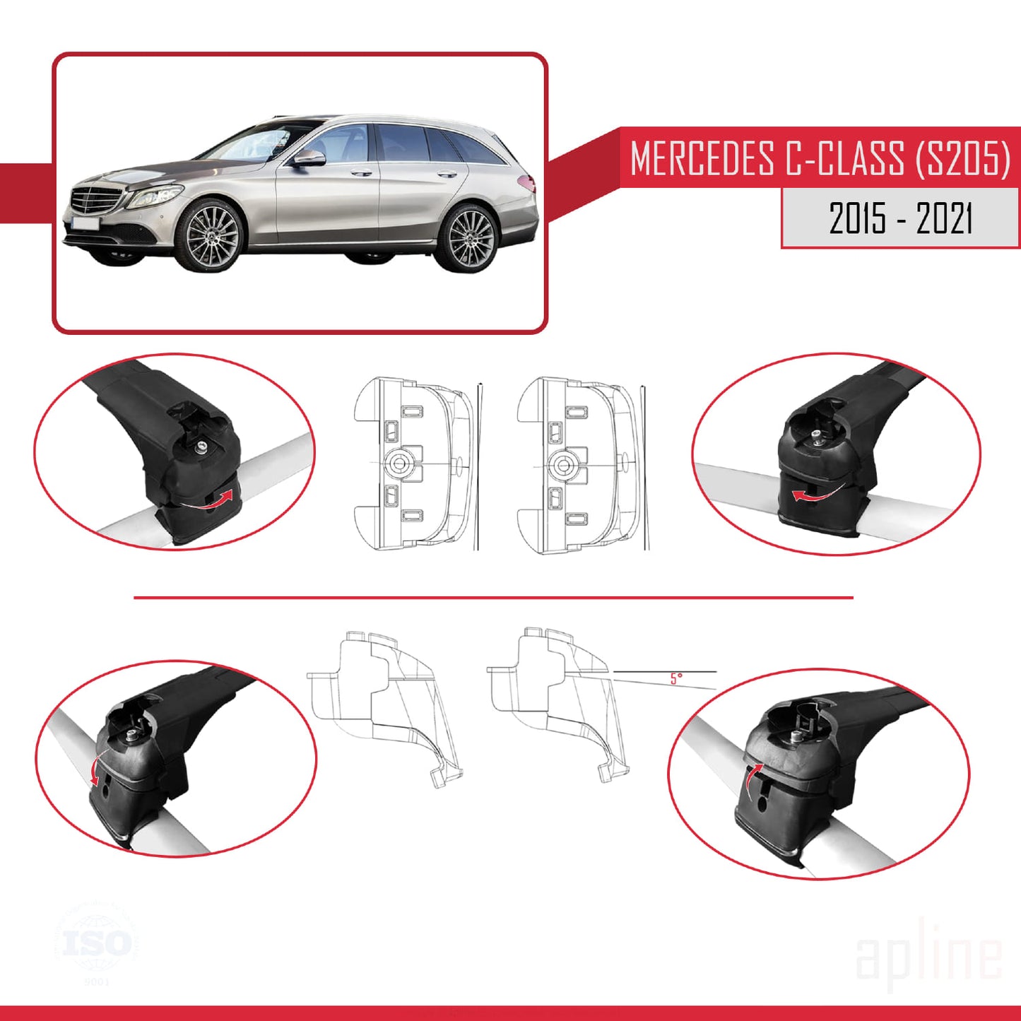 Compatible with Mercedes C Class 4 (S205) 2015-2021 ACE-2 Car Roof Rack Cross Bar Black Aluminium 2 Bars