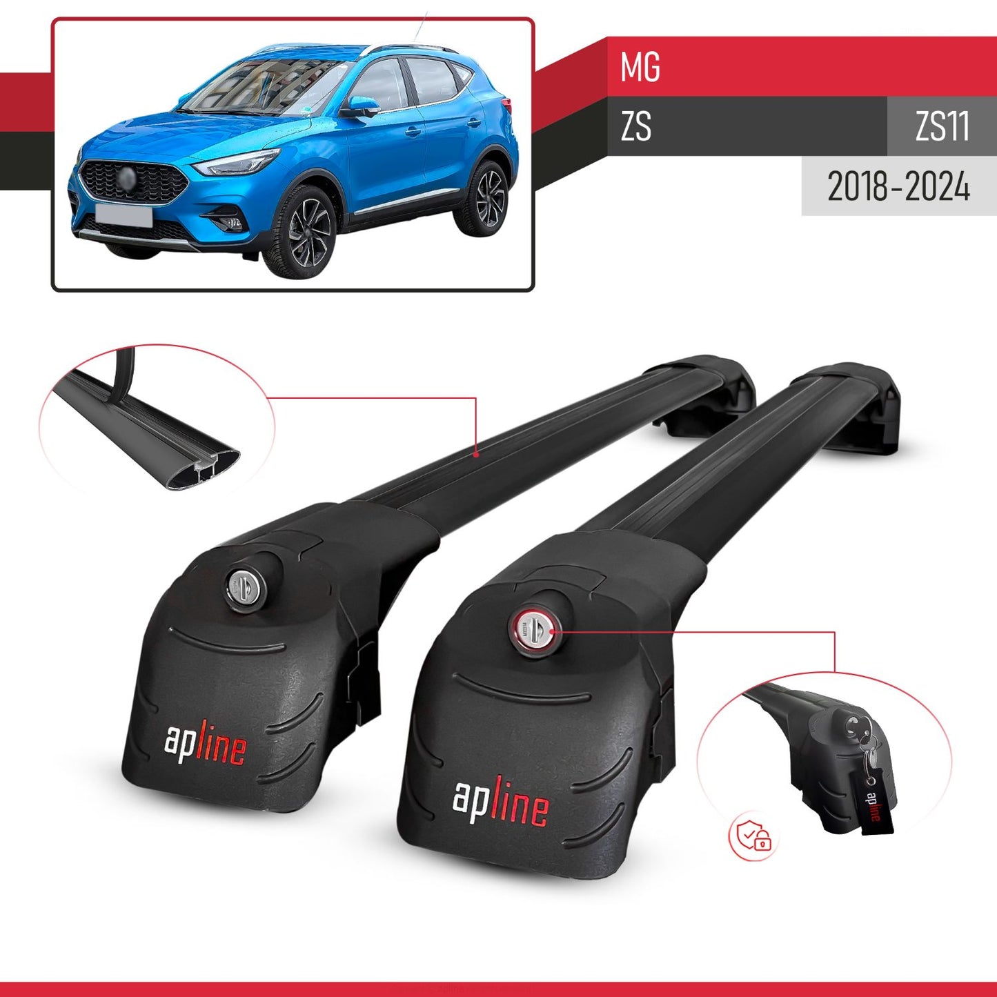 Compatible con MG ZS 2018-2024 ACE-2 Barras de Techo Auto Portaequipajes Barras Transversales Negro Aluminio 2 Barras