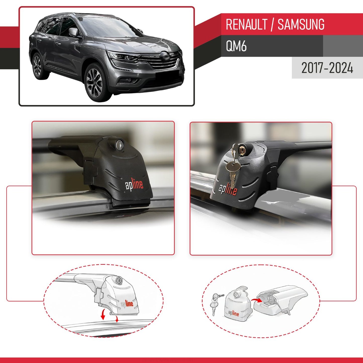 Compatible con Renault Samsung QM6 2017-2024 ACE-2 Barras de Techo Auto Portaequipajes Barras Transversales Negro Aluminio 2 Barras