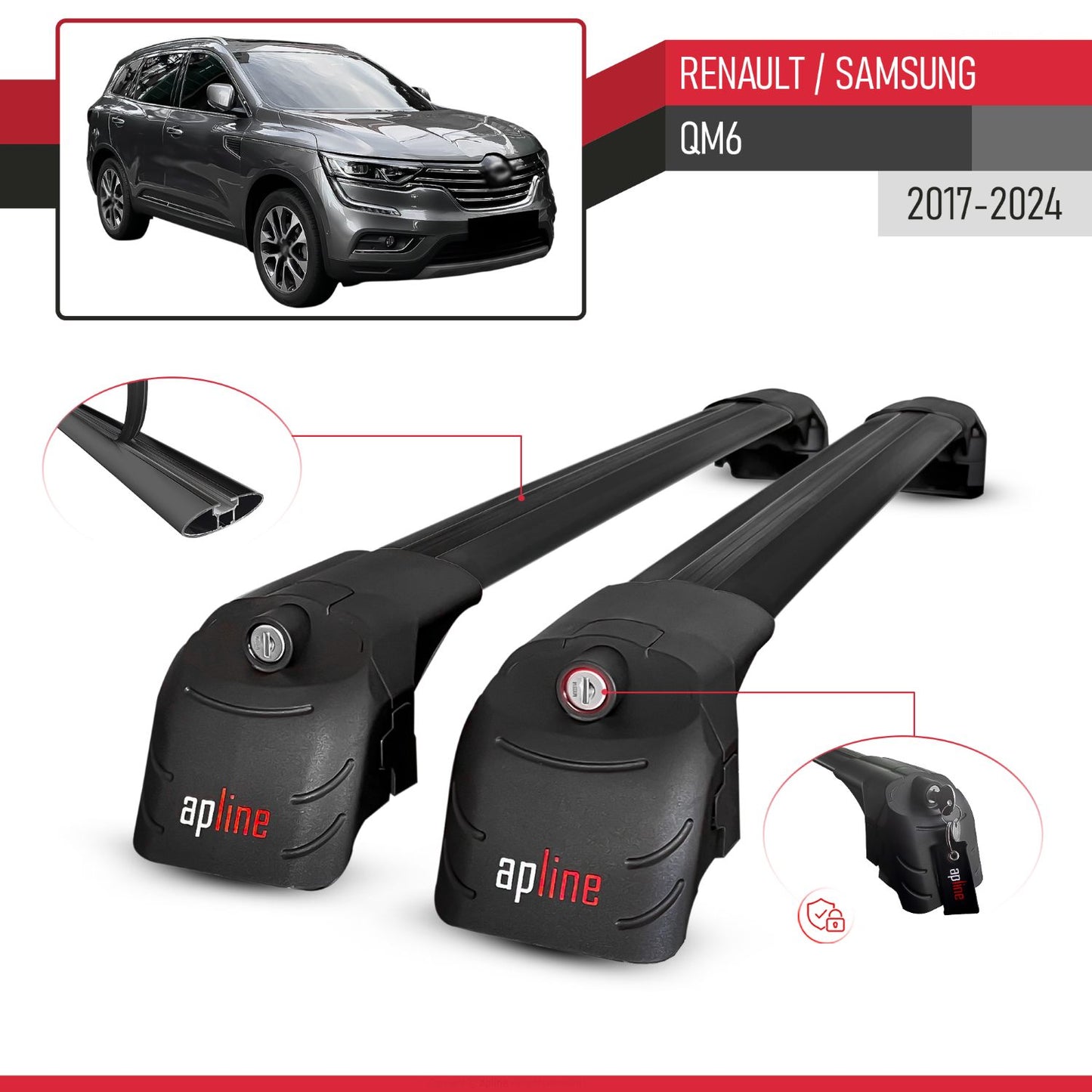 Compatible con Renault Samsung QM6 2017-2024 ACE-2 Barras de Techo Auto Portaequipajes Barras Transversales Negro Aluminio 2 Barras