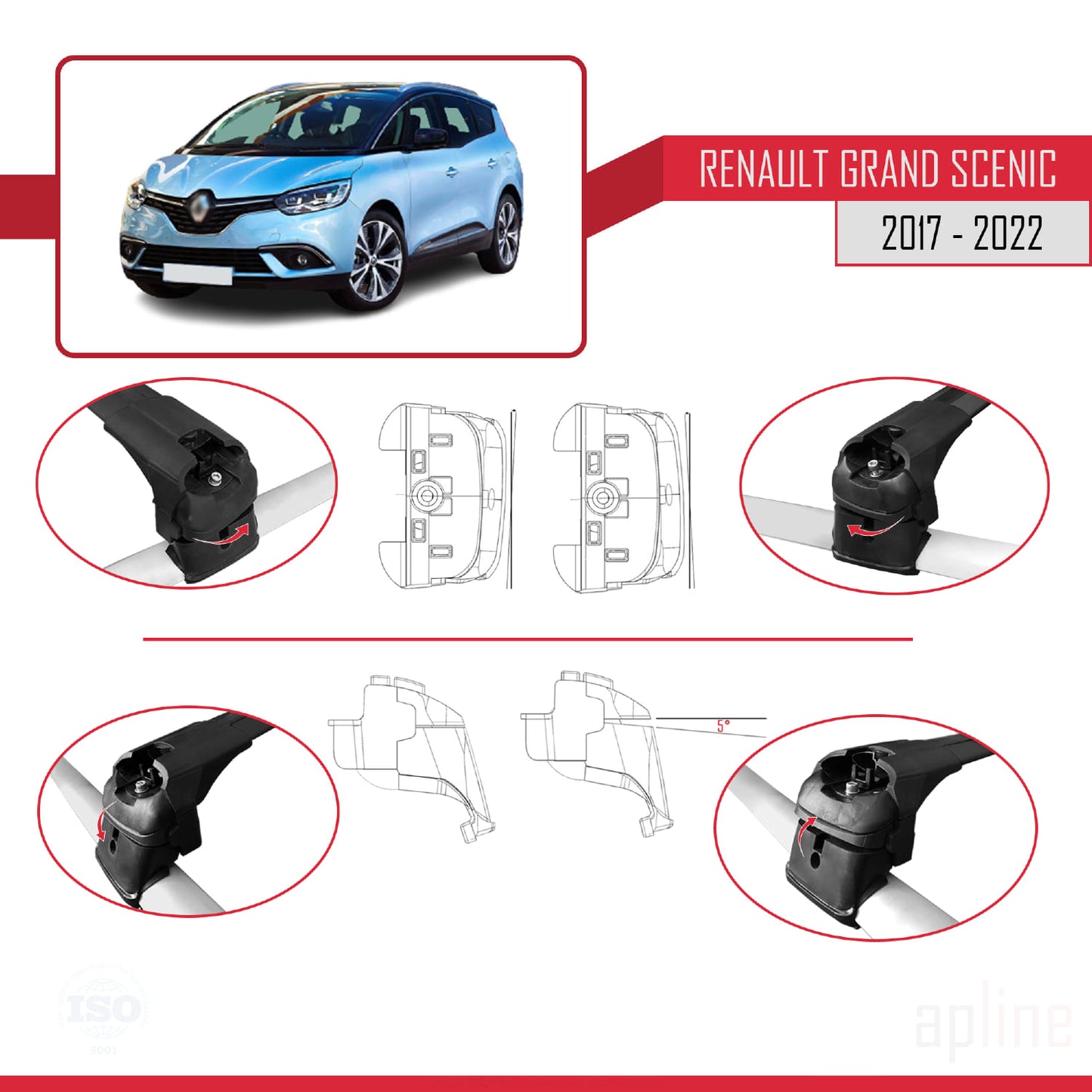 Compatible avec Renault Grand Scenic 4 2017-2022 ACE-2 Barres de Toit Railing Porte-Bagages de Voiture Noir Aluminium 2 Barres