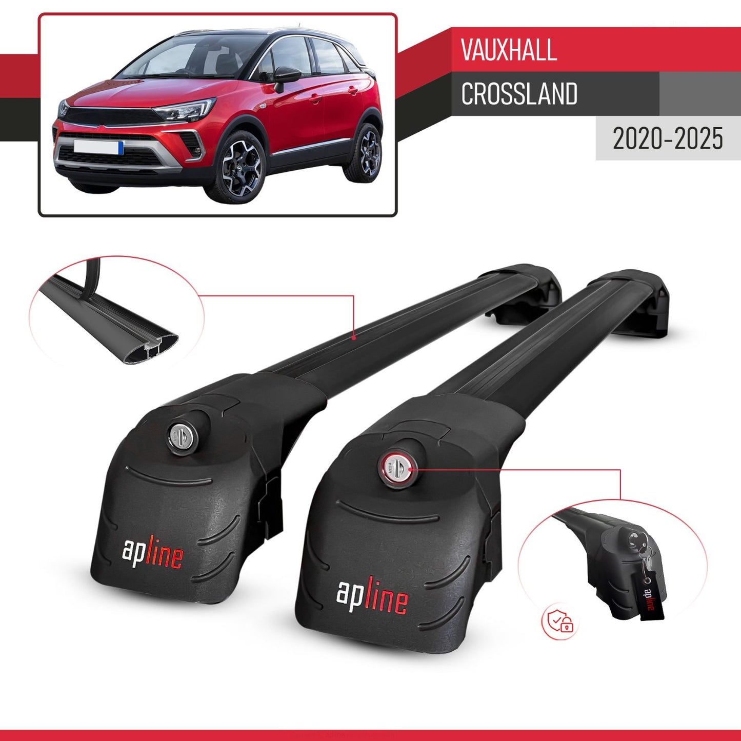 Compatible con Vauxhall Crossland 2020-2024 ACE-2 Barras de Techo Auto Portaequipajes Barras Transversales Negro Aluminio 2 Barras