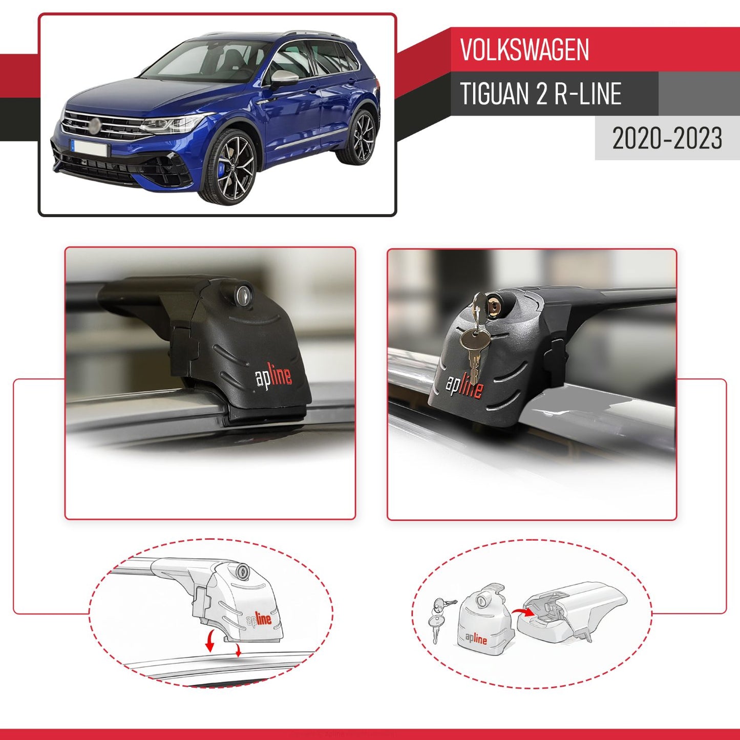 Compatible con Volkswagen Tiguan 2 R-Line 2020-2023 ACE-2 Barras de Techo Auto Portaequipajes Barras Transversales Negro Aluminio 2 Barras