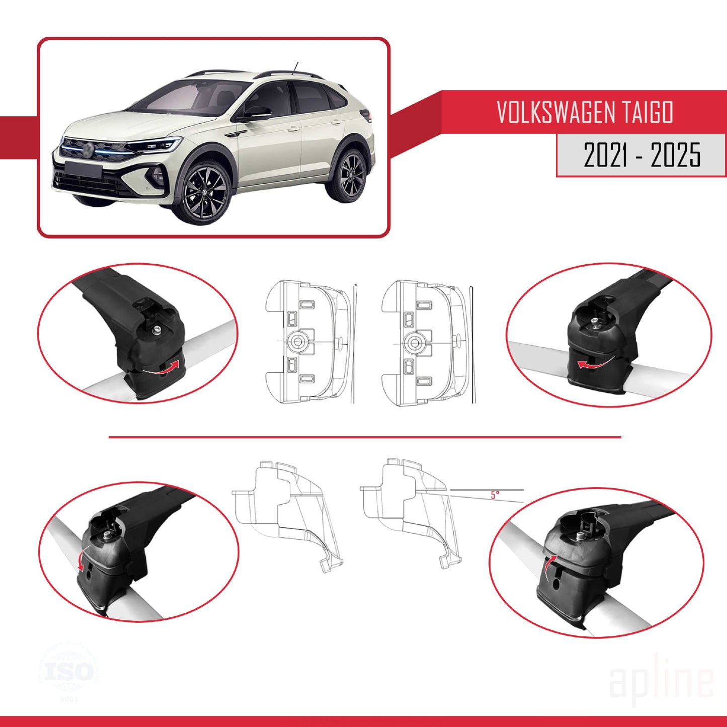 Compatible avec Volkswagen Taigo (CS1) 2021-2025 ACE-2 Barres de Toit Railing Porte-Bagages de Voiture Noir Aluminium 2 Barres