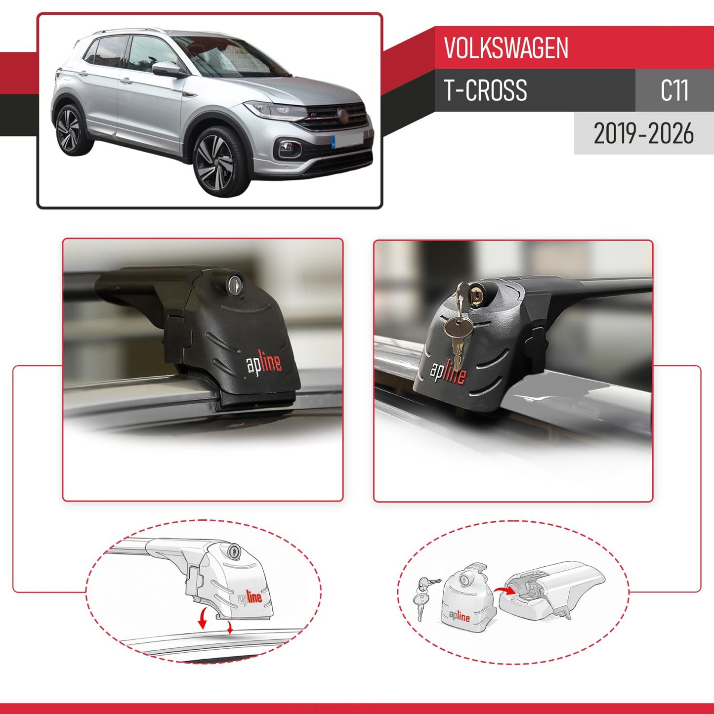 Compatible con Volkswagen T-Cross (C11) 2019-2025 ACE-2 Barras de Techo Auto Portaequipajes Barras Transversales Negro Aluminio 2 Barras
