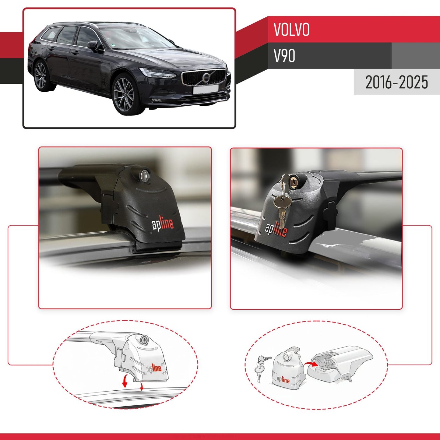 Compatible con Volvo V90 2017-2025 ACE-2 Barras de Techo Auto Portaequipajes Barras Transversales Negro Aluminio 2 Barras