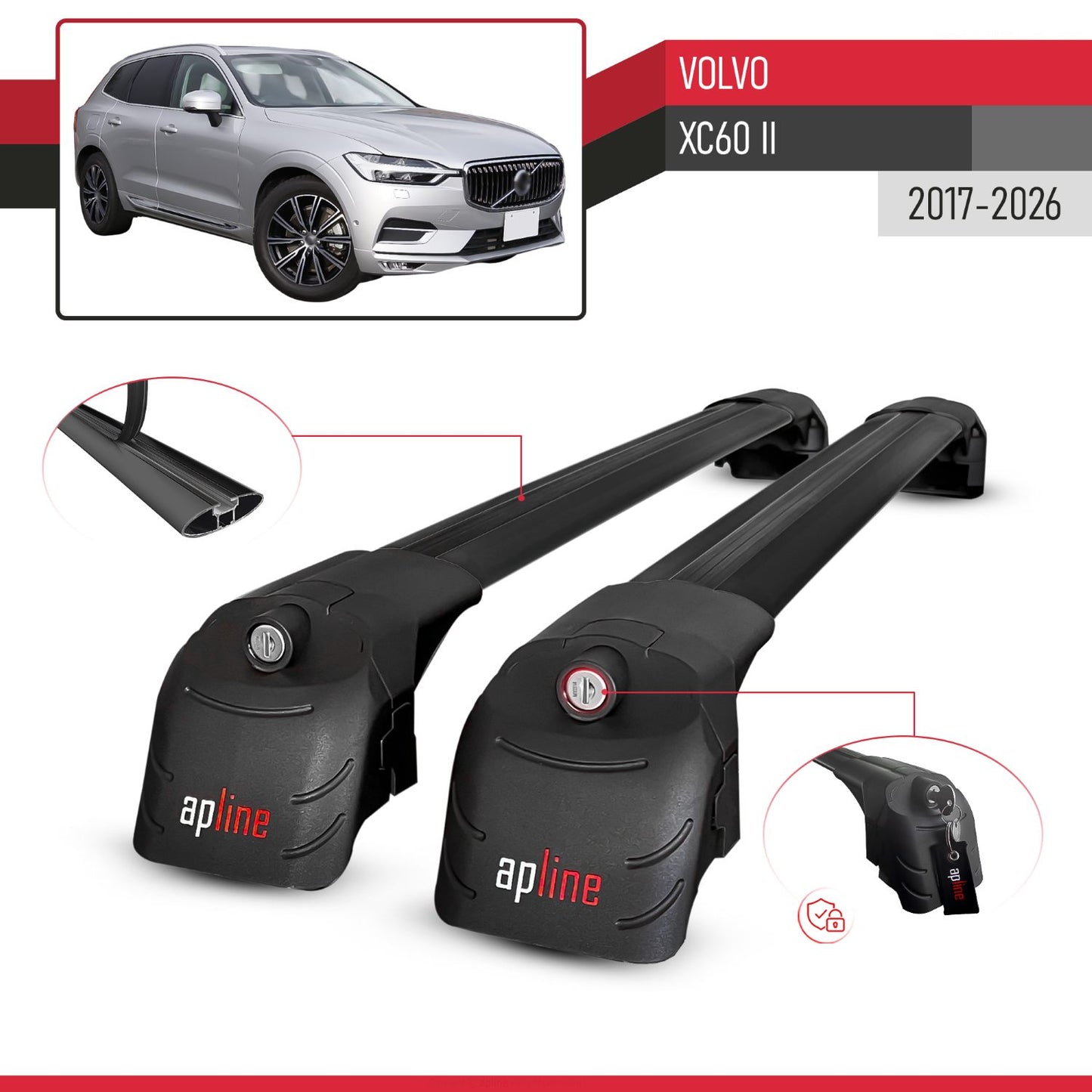 Compatible con Volvo XC60 II 2017-2025 ACE-2 Barras de Techo Auto Portaequipajes Barras Transversales Negro Aluminio 2 Barras