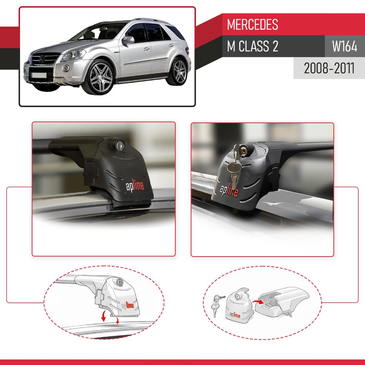 Compatible con Mercedes Clase M 2 (W164) Post-Facelift 2008-2011 ACE-2 Barras de Techo Auto Portaequipajes Barras Transversales Negro Aluminio 2 Barras