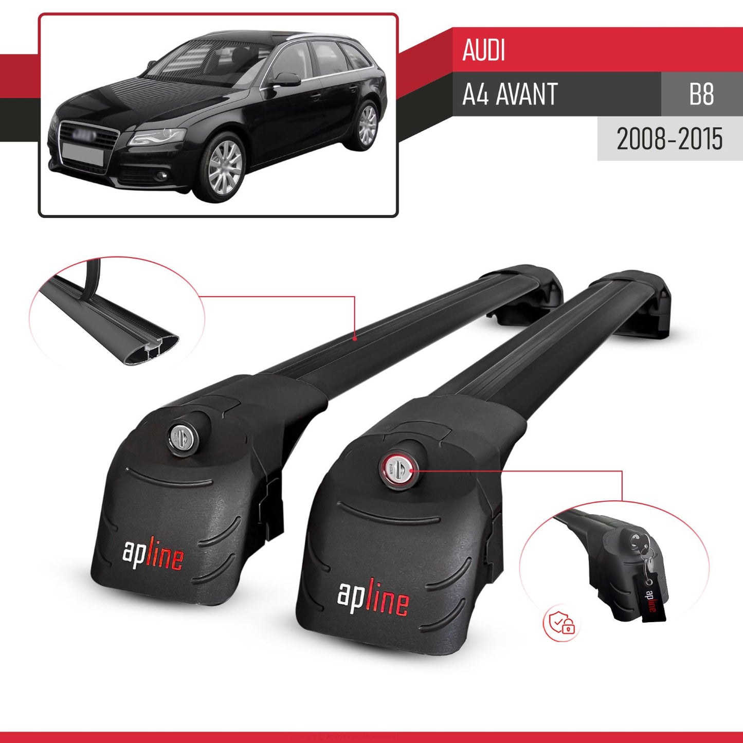 Compatible con A4 (B8) Avant 2008-2015 ACE-2 Barras de Techo Auto Portaequipajes Barras Transversales Negro Aluminio 2 Barras
