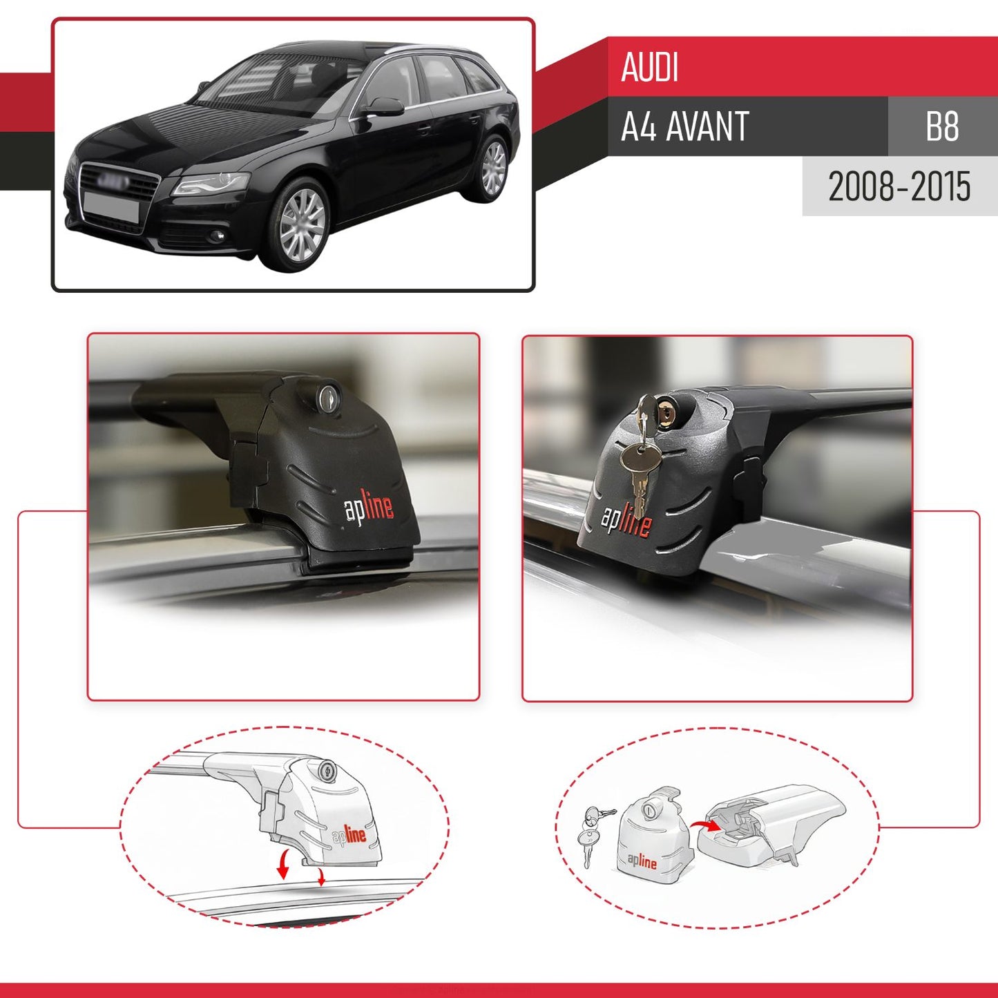 Compatible con A4 (B8) Avant 2008-2015 ACE-2 Barras de Techo Auto Portaequipajes Barras Transversales Negro Aluminio 2 Barras