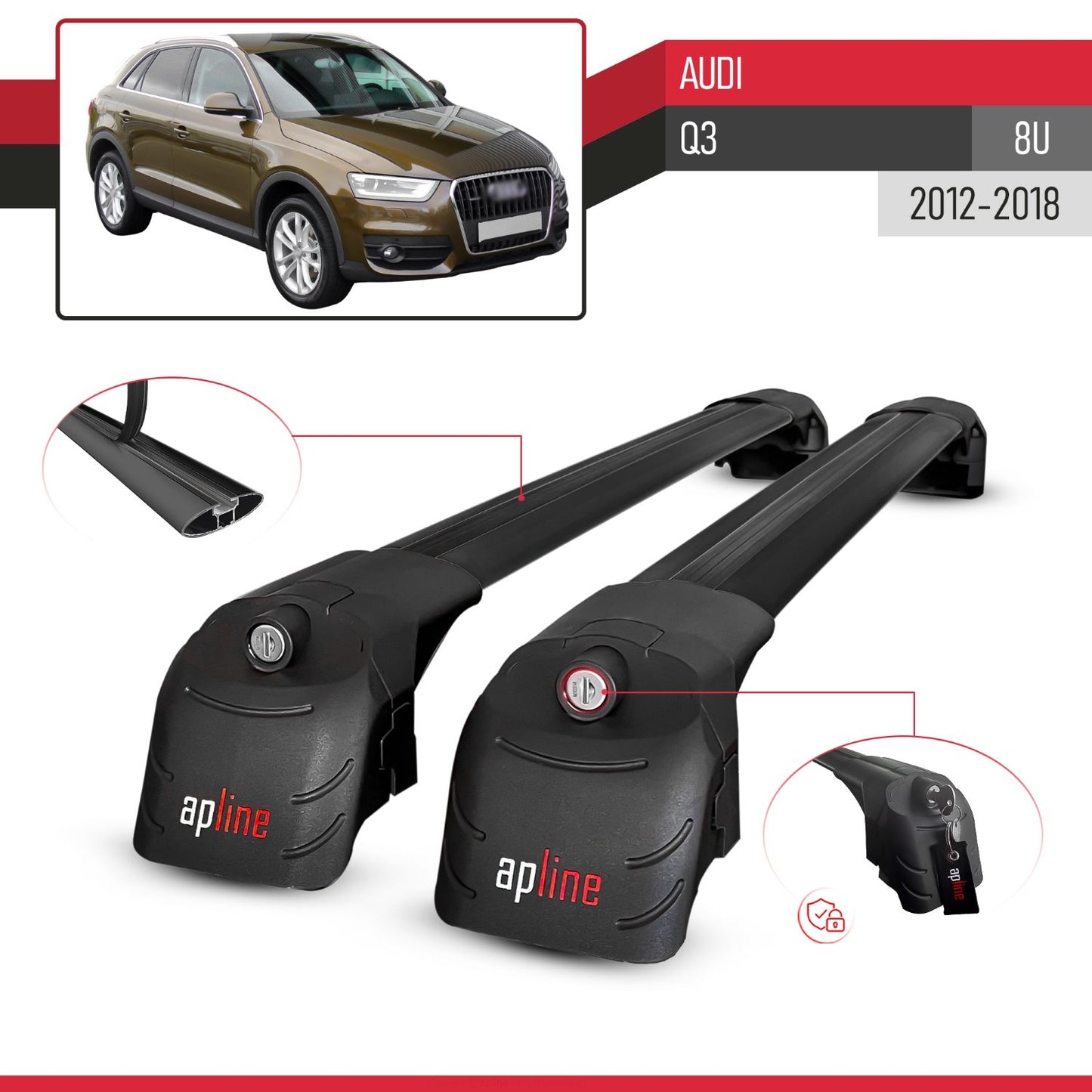 Compatible con Q3 (8U) 2012-2018 ACE-2 Barras de Techo Auto Portaequipajes Barras Transversales Negro Aluminio 2 Barras