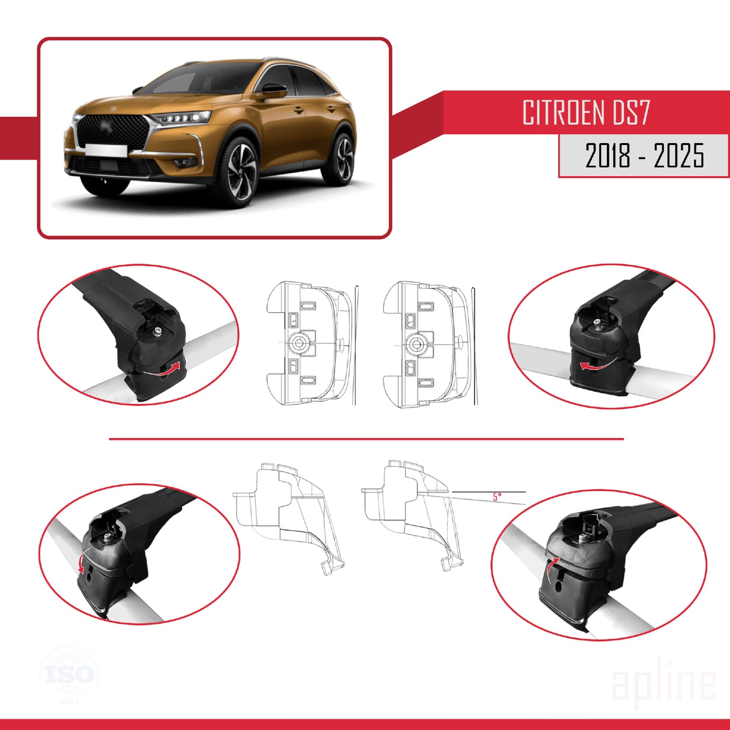 Compatibile con Citroen/DS 7 Crossback 2018-2025 ACE-2 Barre portatutto per auto Portapacchi in alluminio nero 2 barre