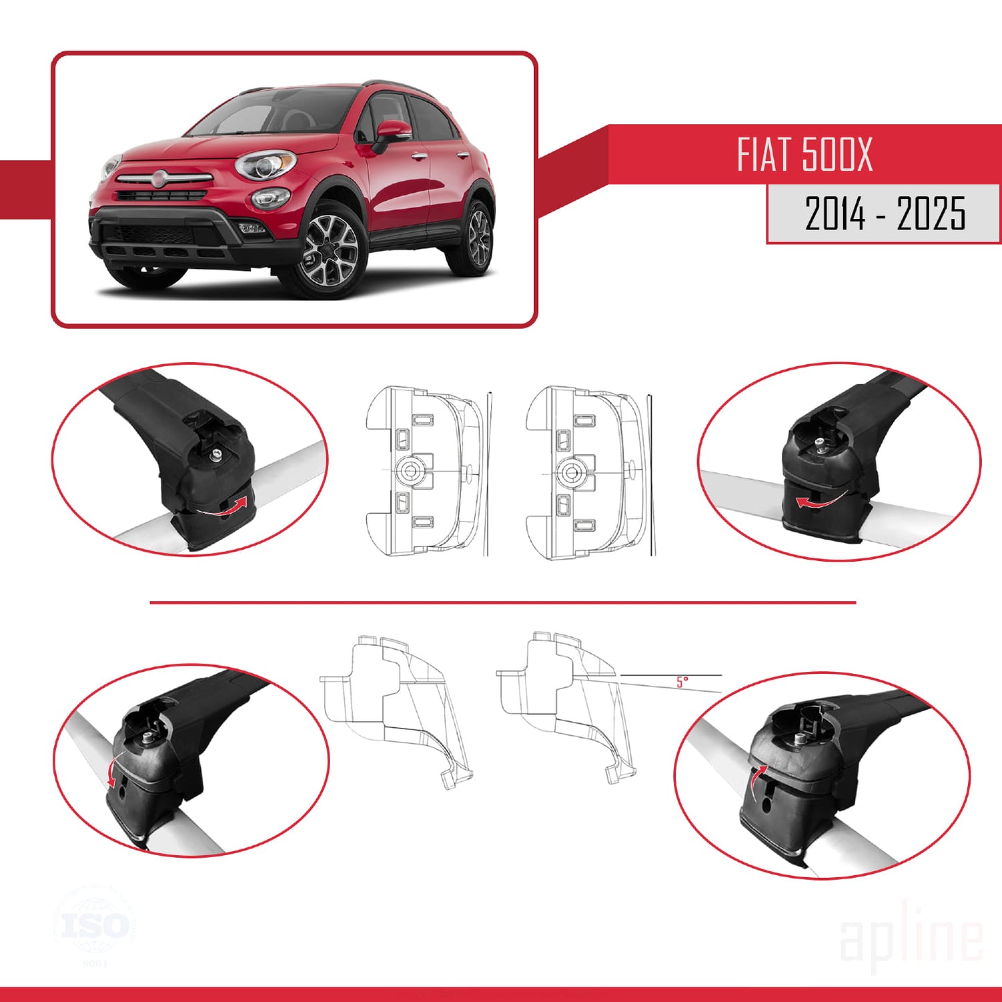 Compatible avec Fiat 500X 2014-2025 ACE-2 Barres de Toit Railing Porte-Bagages de Voiture Noir Aluminium 2 Barres