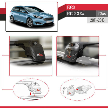 Compatible con Ford Focus 3 (C346) Familiar 2011-2018 ACE-2 Barras de Techo Auto Portaequipajes Barras Transversales Negro Aluminio 2 Barras