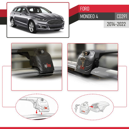 Compatible con Ford Mondeo 4 (CD391) 2014-2022 ACE-2 Barras de Techo Auto Portaequipajes Barras Transversales Negro Aluminio 2 Barras