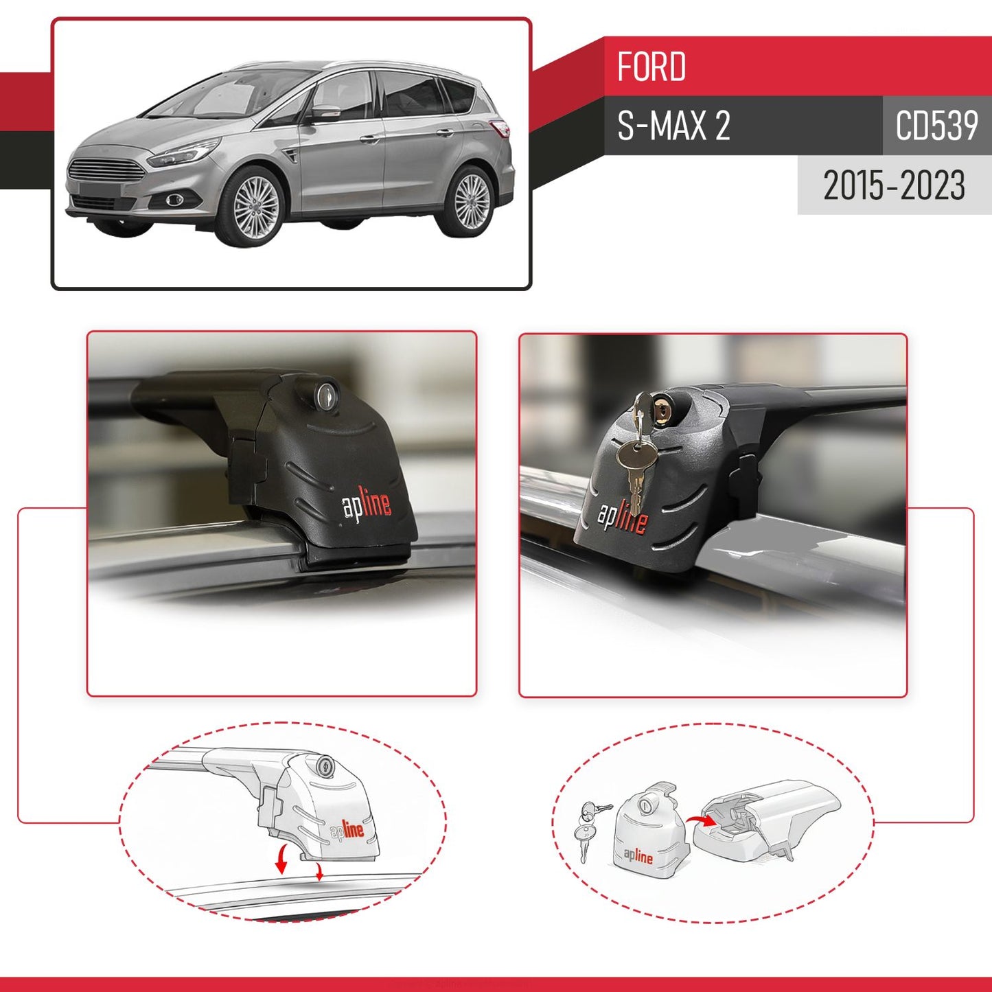 Compatible con Ford S-Max 2 (CD539) 2015-2023 ACE-2 Barras de Techo Auto Portaequipajes Barras Transversales Negro Aluminio 2 Barras