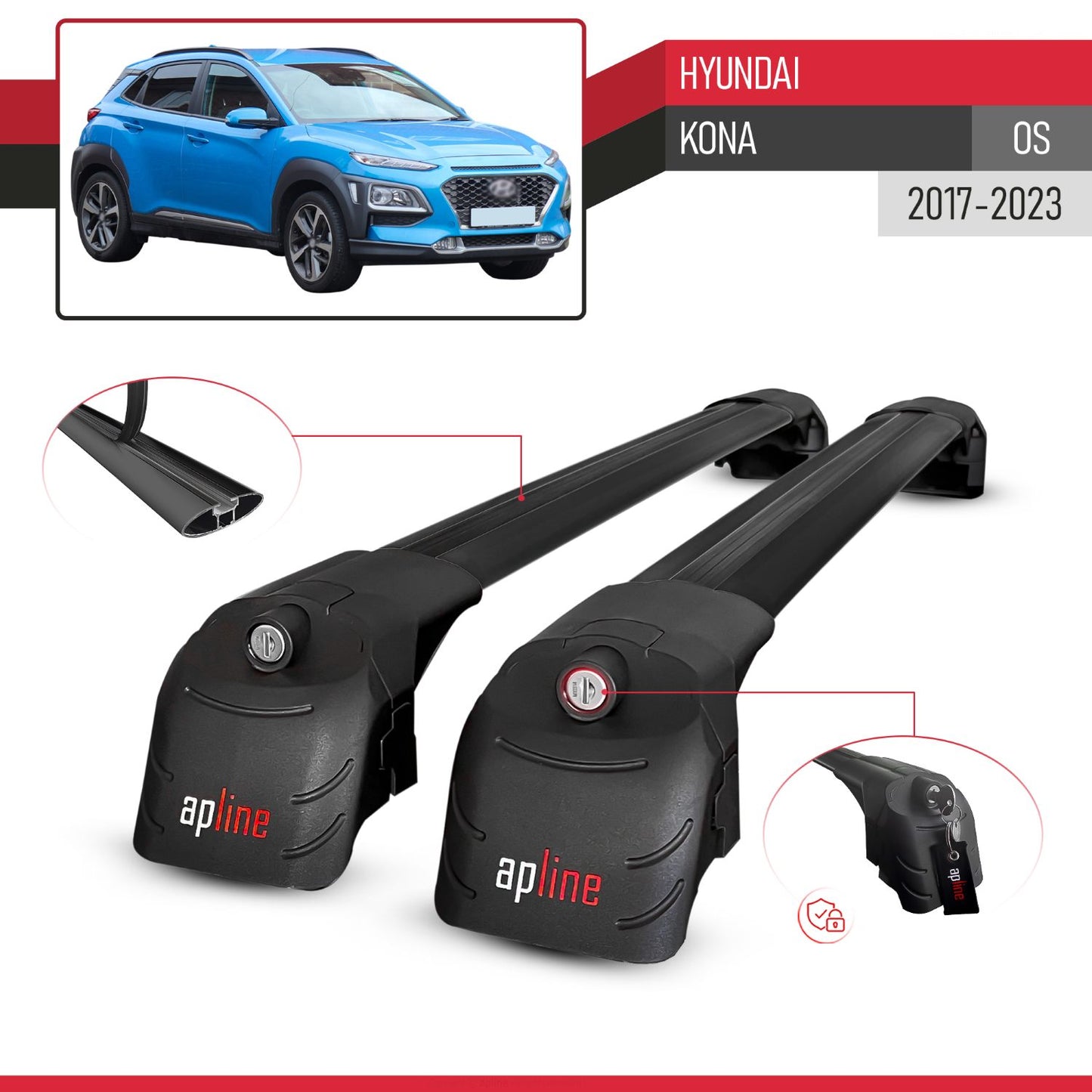 Compatible con Hyundai Kona (OS) 2017-2022 ACE-2 Barras de Techo Auto Portaequipajes Barras Transversales Negro Aluminio 2 Barras