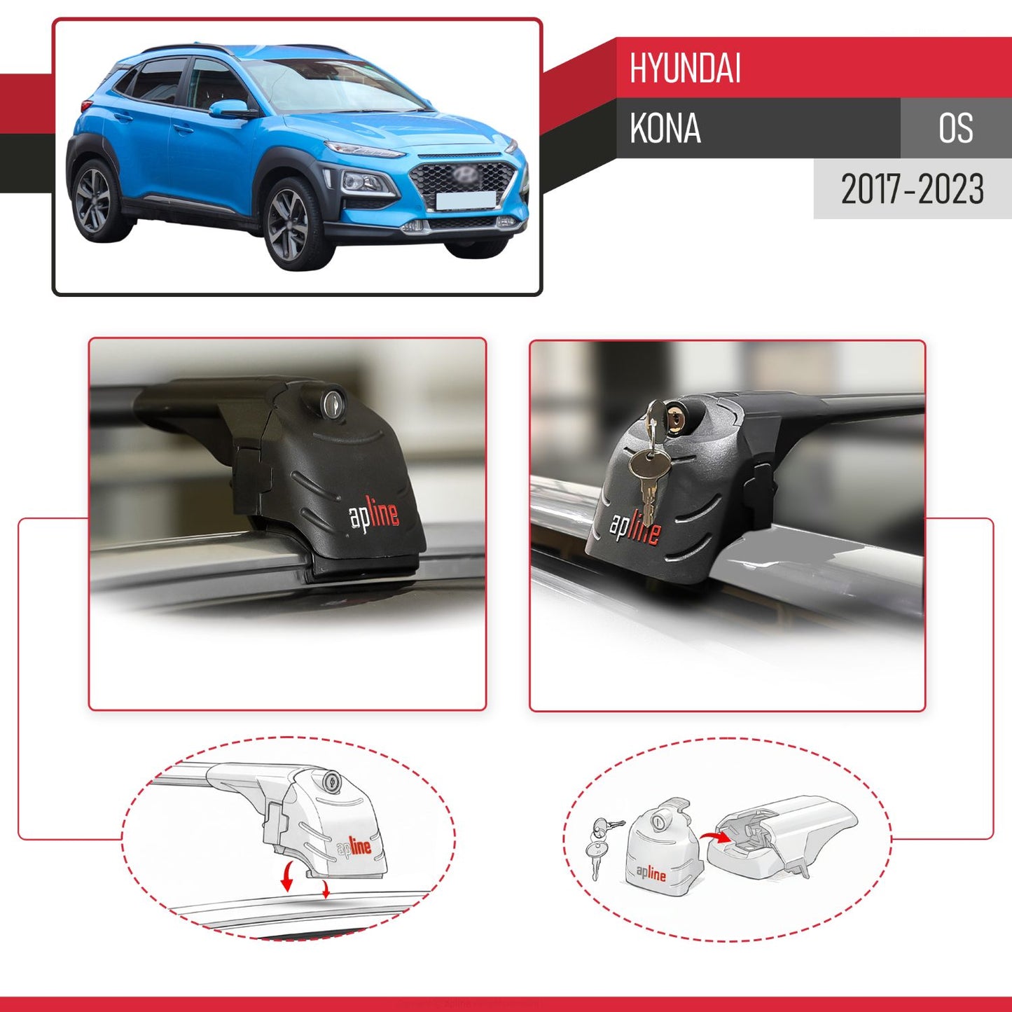 Compatible con Hyundai Kona (OS) 2017-2022 ACE-2 Barras de Techo Auto Portaequipajes Barras Transversales Negro Aluminio 2 Barras
