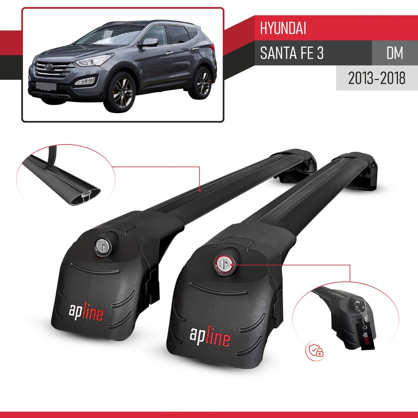 Compatible con Hyundai Santa Fe 3 (DM) 2013-2018 ACE-2 Barras de Techo Auto Portaequipajes Barras Transversales Negro Aluminio 2 Barras