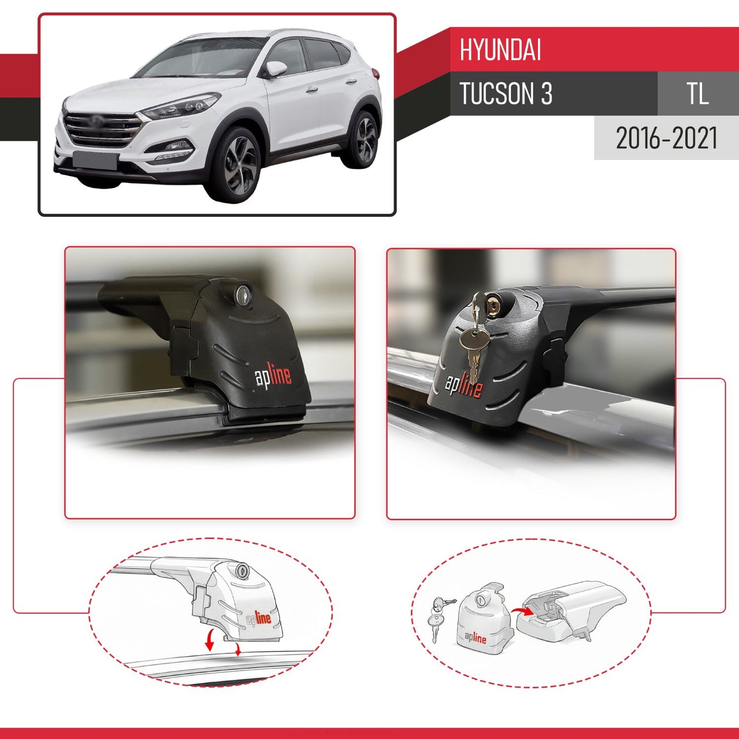 Compatible con Hyundai Tucson 3 (TL) 2016-2021 ACE-2 Barras de Techo Auto Portaequipajes Barras Transversales Negro Aluminio 2 Barras