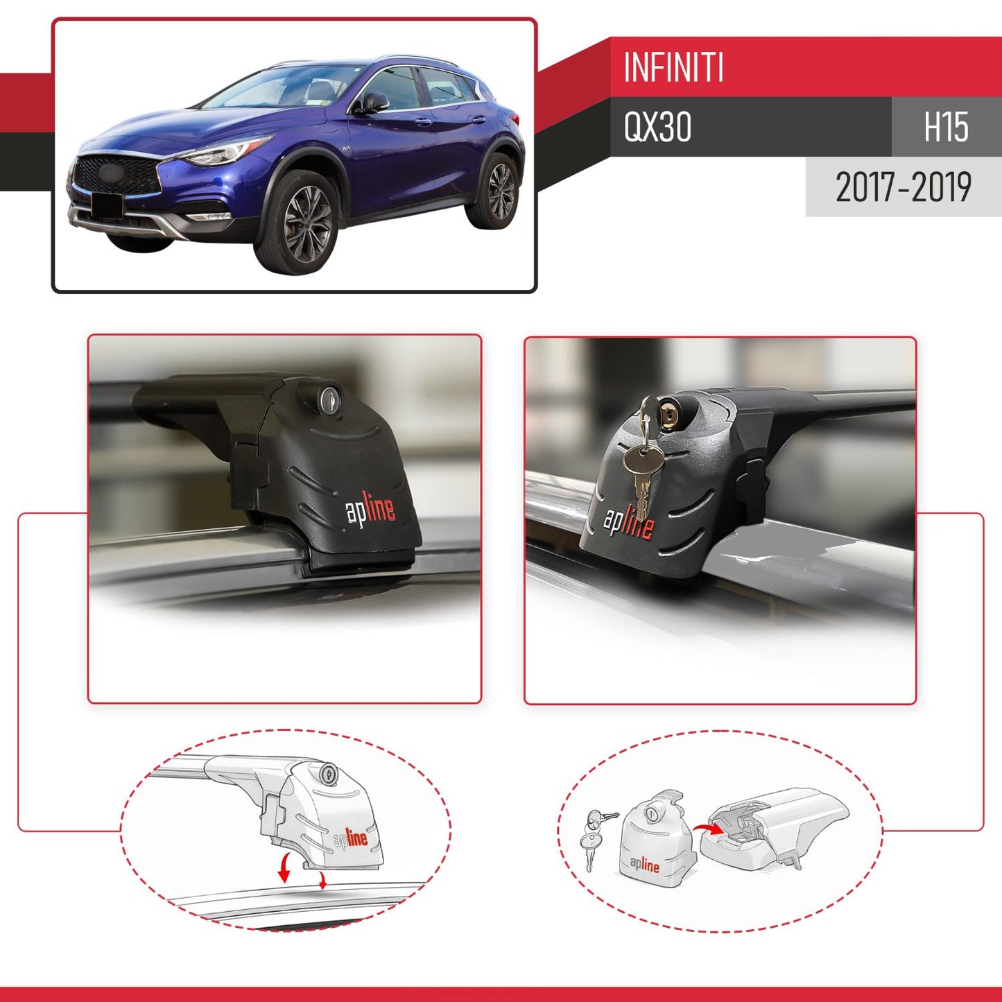 Compatible con Infiniti QX30 (H15) 2017-2019 ACE-2 Barras de Techo Auto Portaequipajes Barras Transversales Negro Aluminio 2 Barras