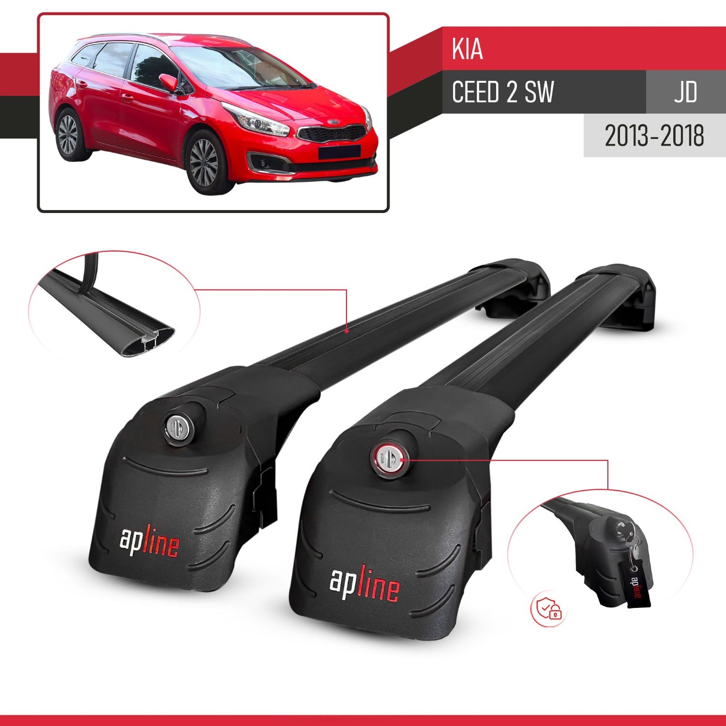 Compatible con Kia Ceed 2 (JD) Familiar 2013-2018 ACE-2 Barras de Techo Auto Portaequipajes Barras Transversales Negro Aluminio 2 Barras