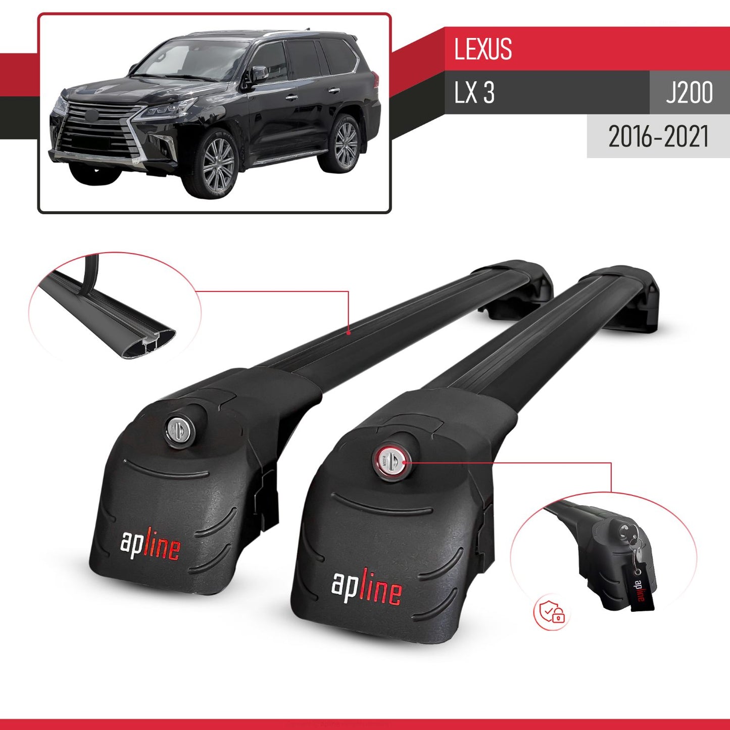 Compatible con Lexus LX 3 (J200) 2016-2021 ACE-2 Barras de Techo Auto Portaequipajes Barras Transversales Negro Aluminio 2 Barras