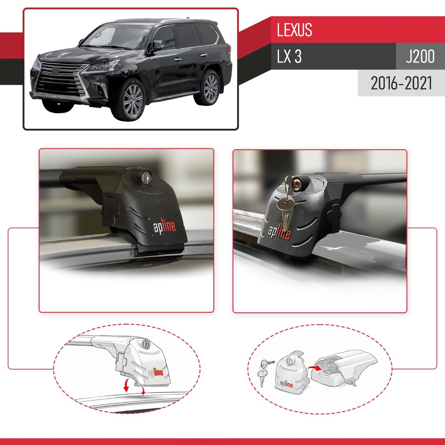 Compatible con Lexus LX 3 (J200) 2016-2021 ACE-2 Barras de Techo Auto Portaequipajes Barras Transversales Negro Aluminio 2 Barras
