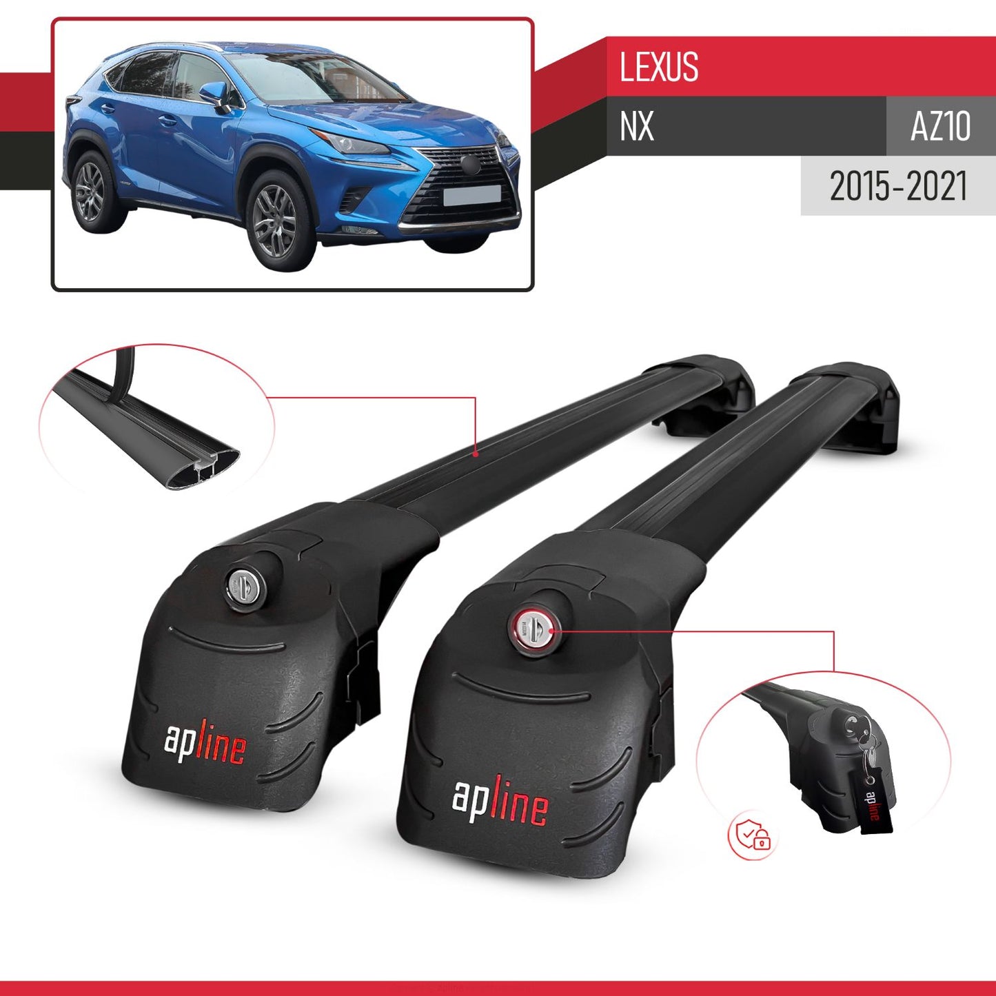 Compatible con Lexus NX (AZ10) 2015-2021 ACE-2 Barras de Techo Auto Portaequipajes Barras Transversales Negro Aluminio 2 Barras