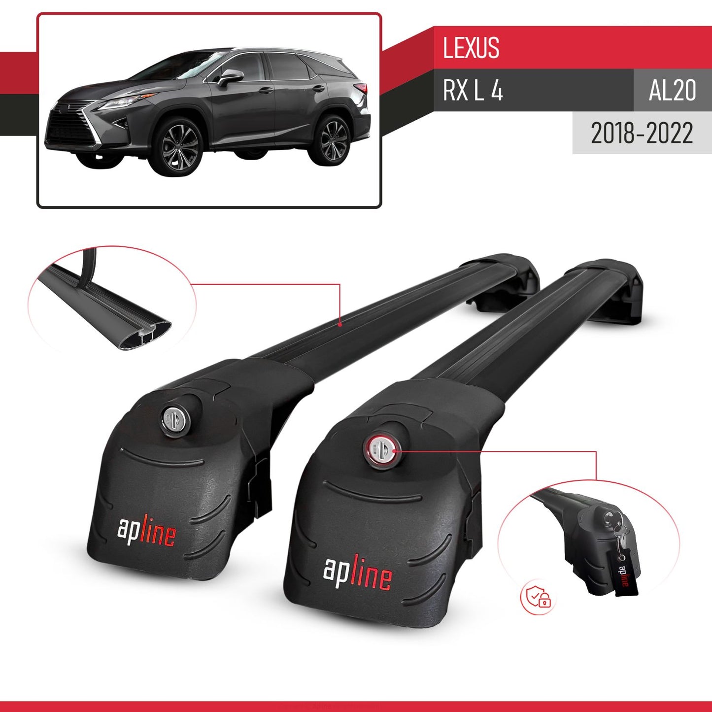Compatible con Lexus RX 4 L (AL20) 2018-2022 ACE-2 Barras de Techo Auto Portaequipajes Barras Transversales Negro Aluminio 2 Barras