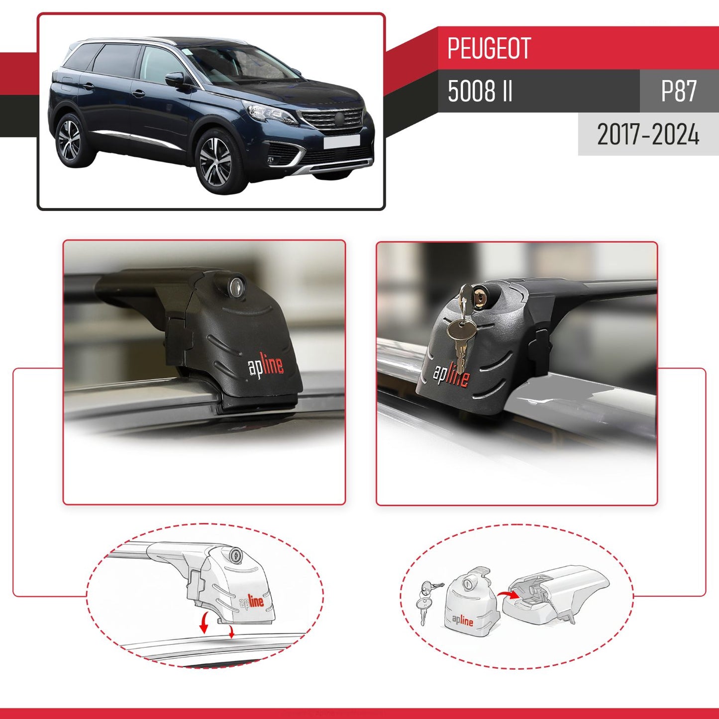 Compatible con Peugeot 5008 II (P87) 2017-2024 ACE-2 Barras de Techo Auto Portaequipajes Barras Transversales Negro Aluminio 2 Barras