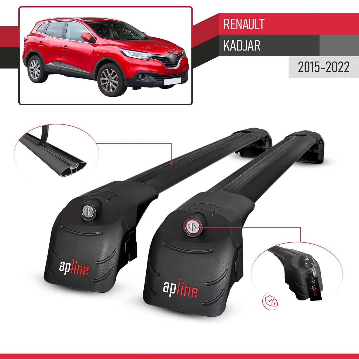 Compatible con Renault Kadjar 2015-2022 ACE-2 Barras de Techo Auto Portaequipajes Barras Transversales Negro Aluminio 2 Barras