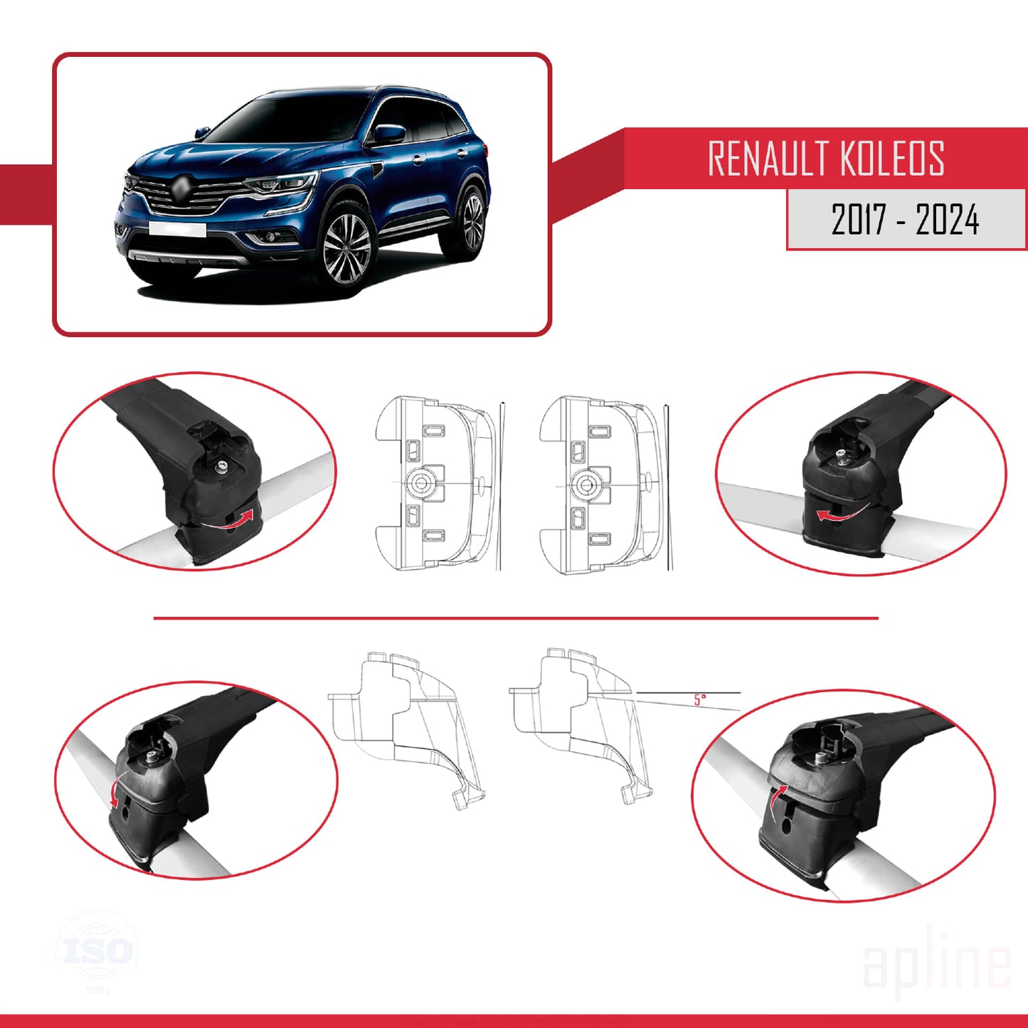 Compatible avec Renault Koleos 2 (HC) 2017-2024 ACE-2 Barres de Toit Railing Porte-Bagages de Voiture Noir Aluminium 2 Barres