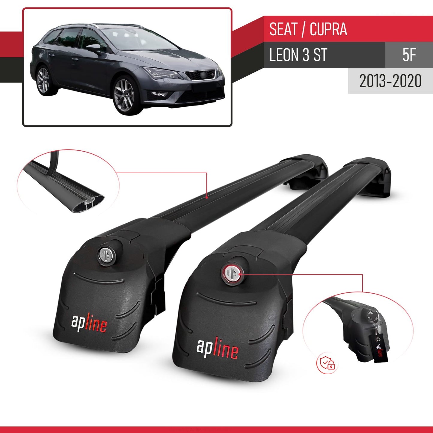 Compatible con Seat Leon 3 (5F) Cupra ST 2013-2020 ACE-2 Barras de Techo Auto Portaequipajes Barras Transversales Negro Aluminio 2 Barras