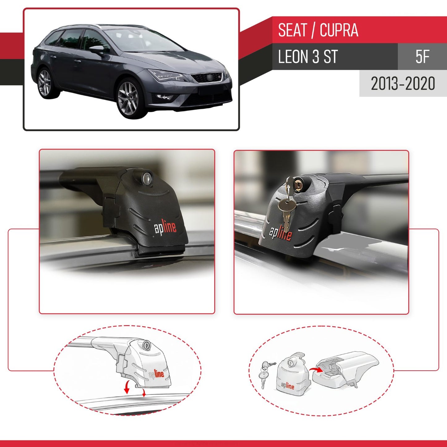 Compatible con Seat Leon 3 (5F) Cupra ST 2013-2020 ACE-2 Barras de Techo Auto Portaequipajes Barras Transversales Negro Aluminio 2 Barras