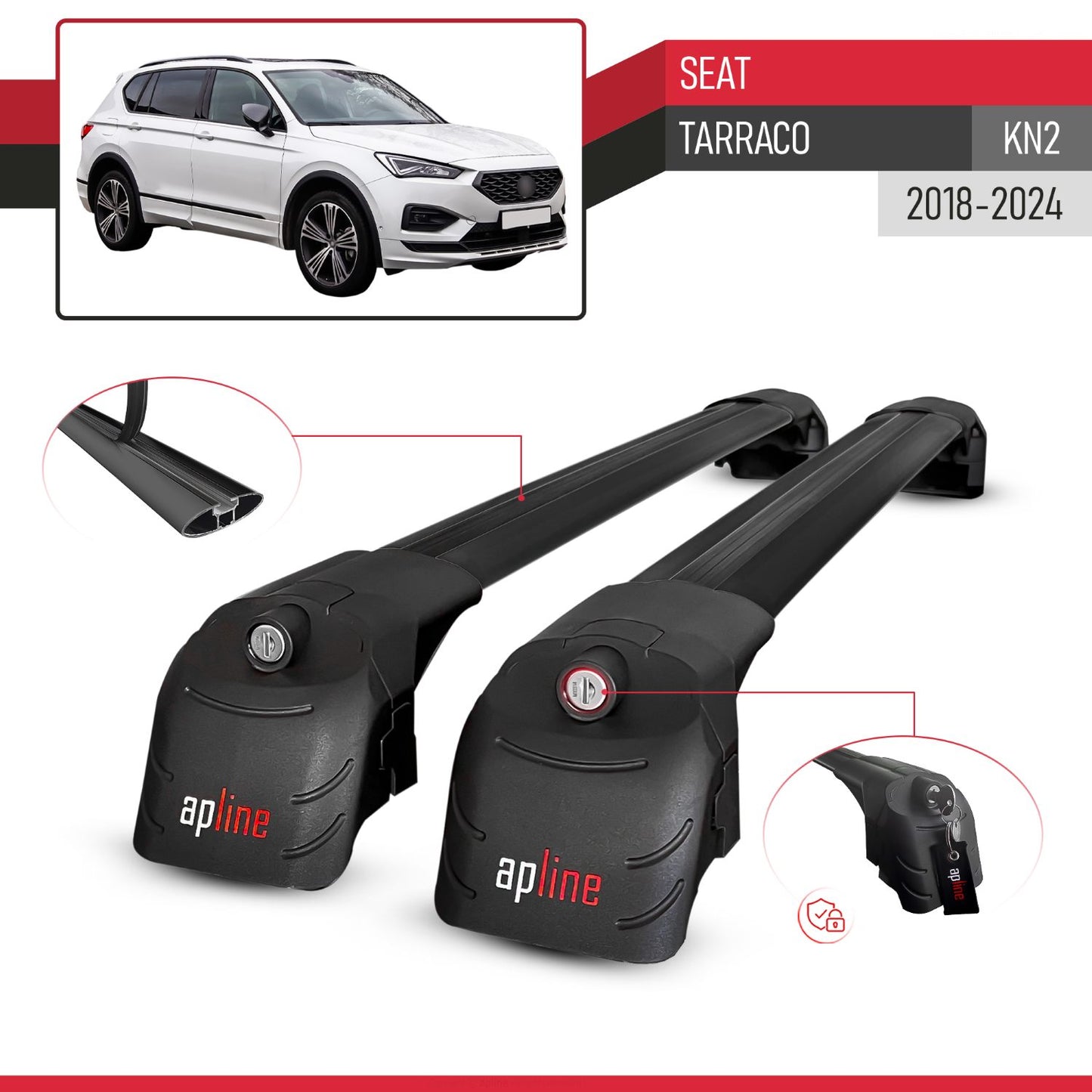 Compatible con Seat Tarraco (KN2) 2018-2024 ACE-2 Barras de Techo Auto Portaequipajes Barras Transversales Negro Aluminio 2 Barras