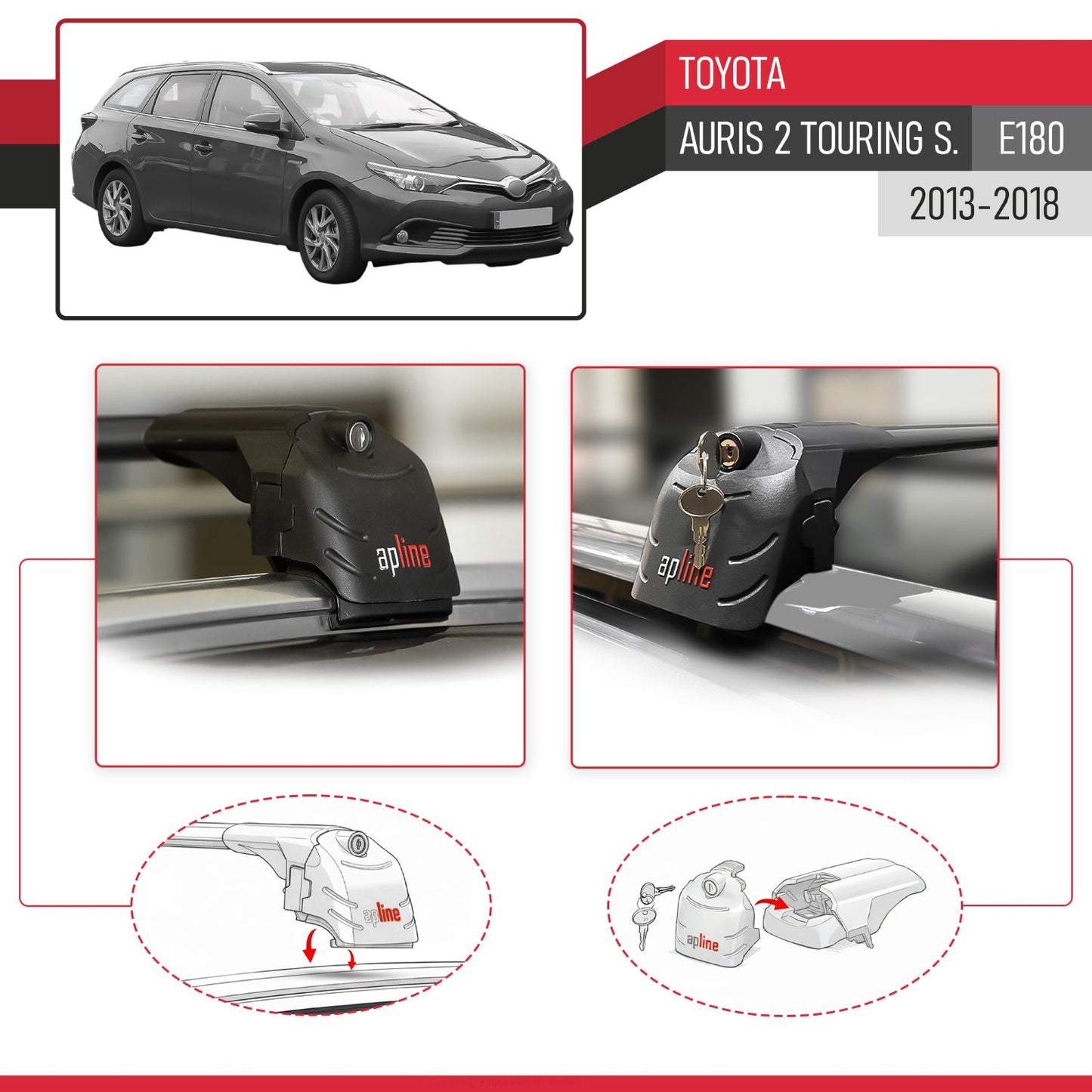 Compatible con Toyota Auris 2 (E180) Touring Sports 2013-2018 ACE-2 Barras de Techo Auto Portaequipajes Barras Transversales Negro Aluminio 2 Barras
