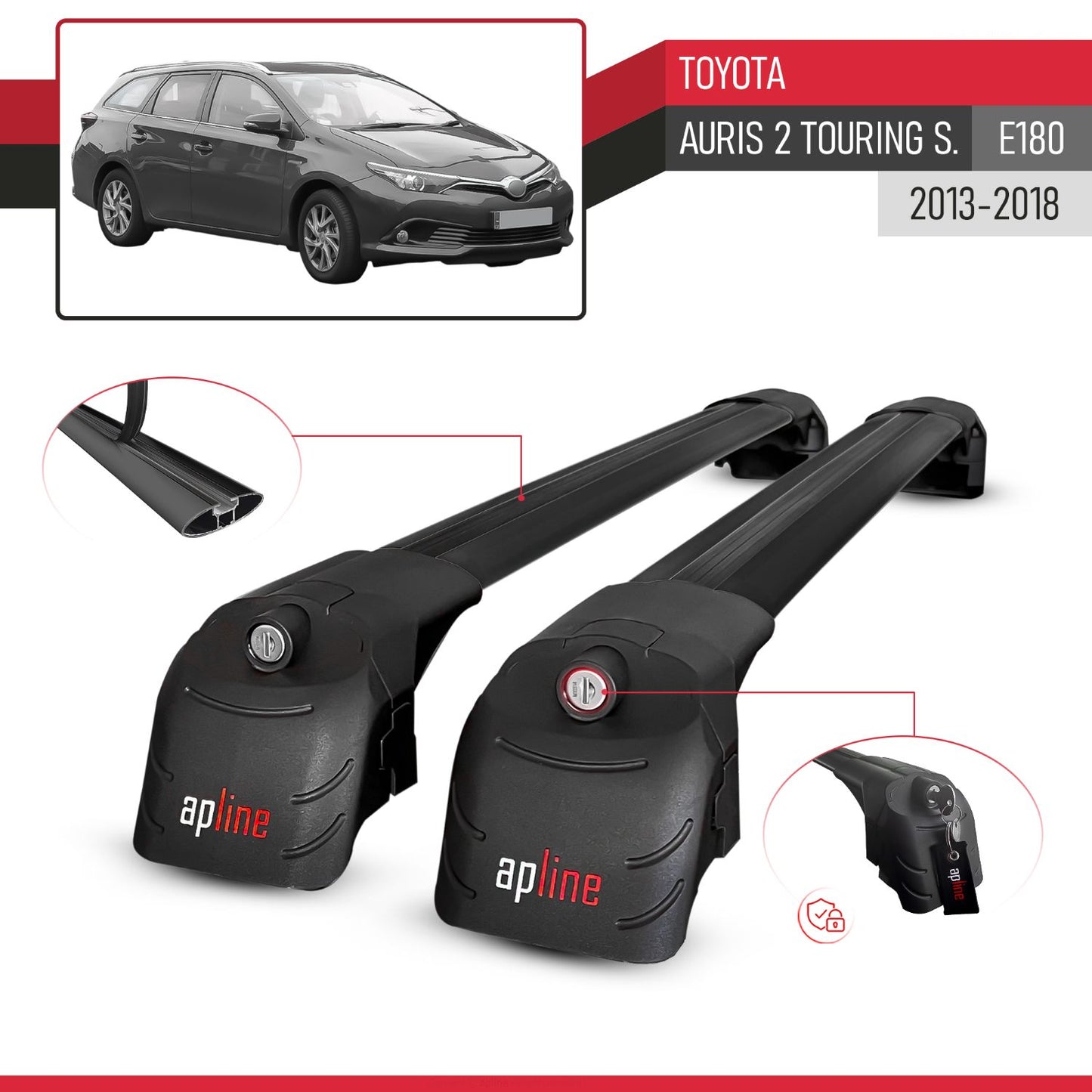 Compatible con Toyota Auris 2 (E180) Touring Sports 2013-2018 ACE-2 Barras de Techo Auto Portaequipajes Barras Transversales Negro Aluminio 2 Barras