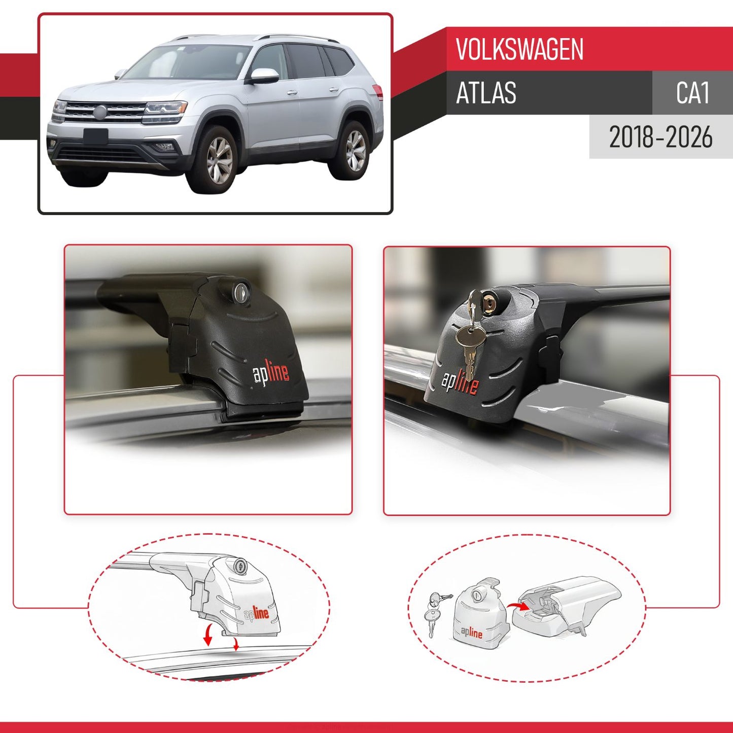 Compatible con Volkswagen Atlas (CA1) 2018-2025 ACE-2 Barras de Techo Auto Portaequipajes Barras Transversales Negro Aluminio 2 Barras