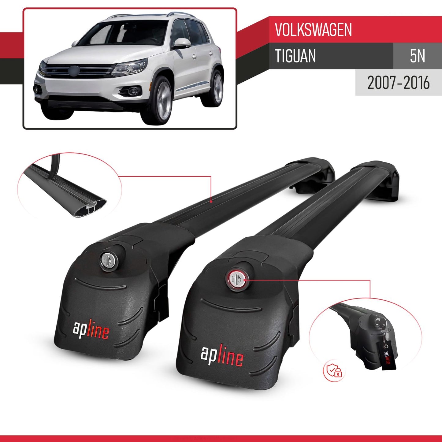 Compatible con Volkswagen Tiguan (5N) 2007-2016 ACE-2 Barras de Techo Auto Portaequipajes Barras Transversales Negro Aluminio 2 Barras