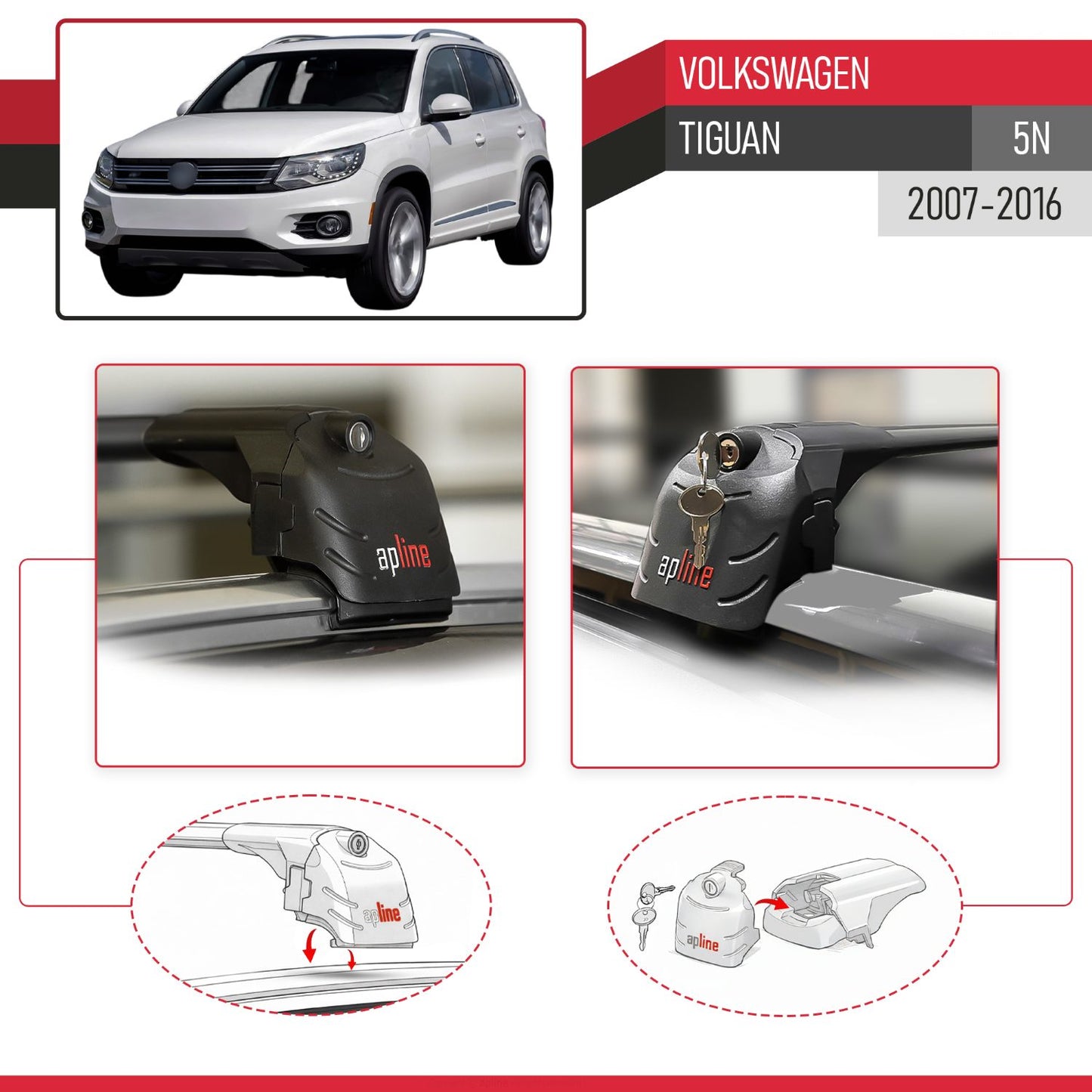 Compatible con Volkswagen Tiguan (5N) 2007-2016 ACE-2 Barras de Techo Auto Portaequipajes Barras Transversales Negro Aluminio 2 Barras