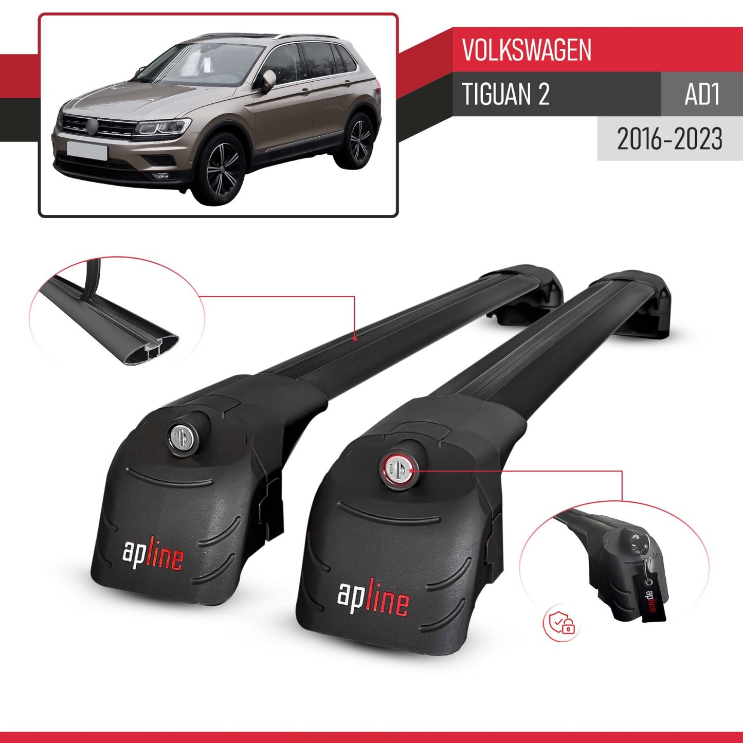 Compatible con Volkswagen Tiguan 2 (AD1) 2016-2023 ACE-2 Barras de Techo Auto Portaequipajes Barras Transversales Negro Aluminio 2 Barras