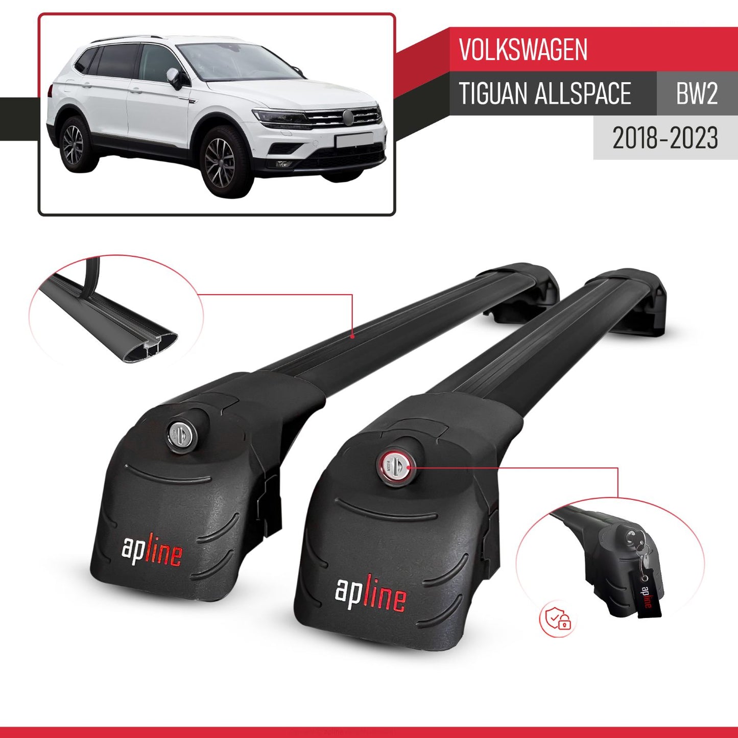 Compatible con Volkswagen Tiguan Allspace (BW) 2018-2023 ACE-2 Barras de Techo Auto Portaequipajes Barras Transversales Negro Aluminio 2 Barras