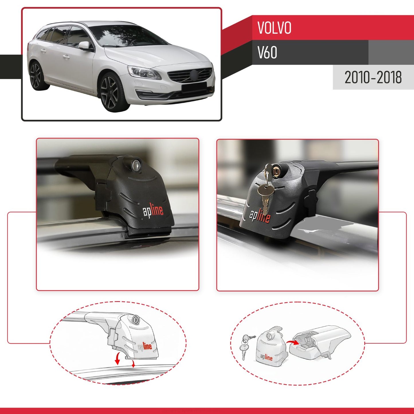 Compatible con Volvo V60 2011-2018 ACE-2 Barras de Techo Auto Portaequipajes Barras Transversales Negro Aluminio 2 Barras