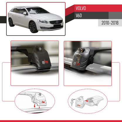Compatible con Volvo V60 2011-2018 ACE-2 Barras de Techo Auto Portaequipajes Barras Transversales Negro Aluminio 2 Barras
