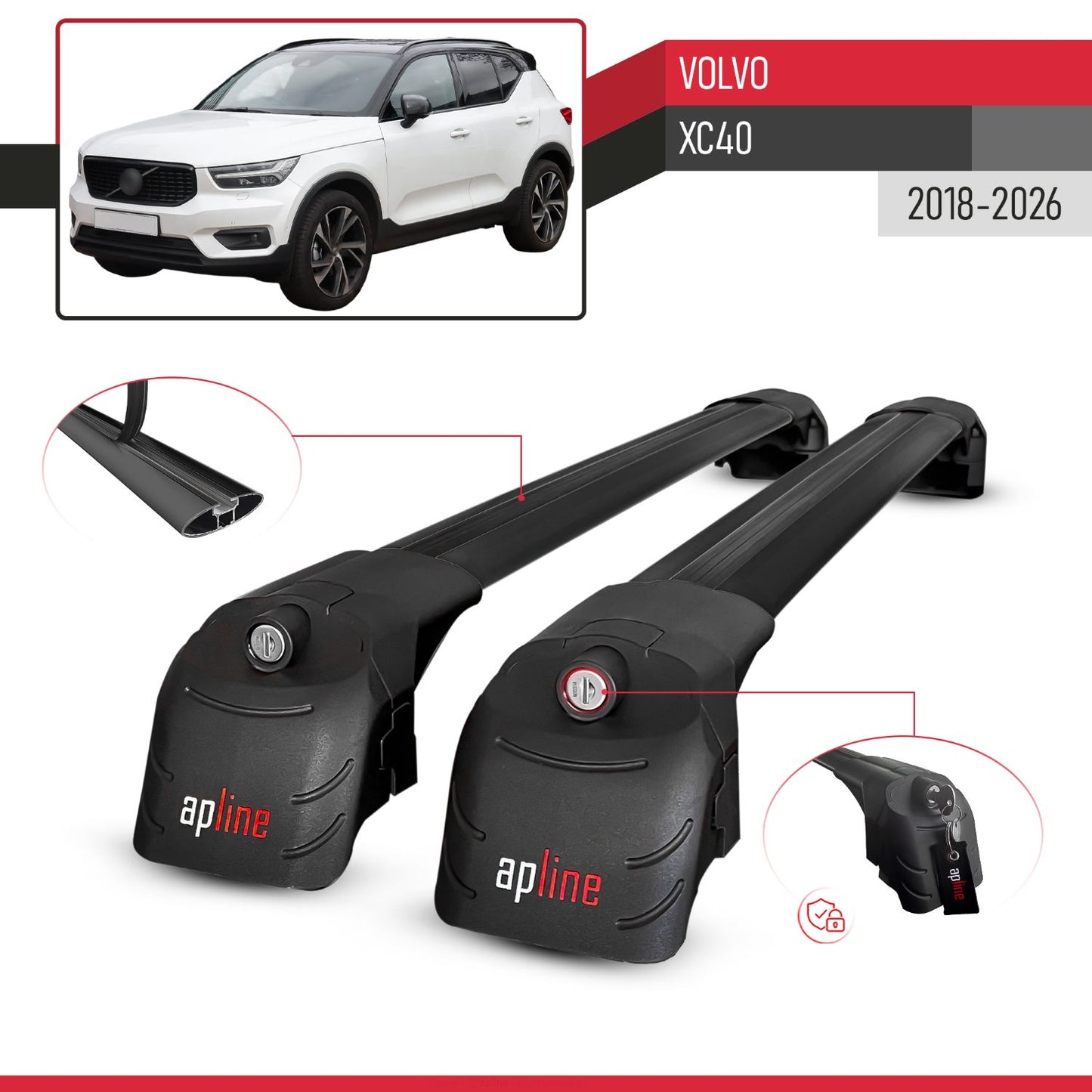 Compatible con Volvo XC40 2018-2025 ACE-2 Barras de Techo Auto Portaequipajes Barras Transversales Negro Aluminio 2 Barras